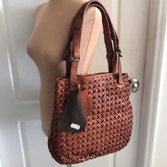 VILENCA HOLLAND Handbag Leather Woven Cut Out Buckle Tote Cognac New - Picture 7 of 14
